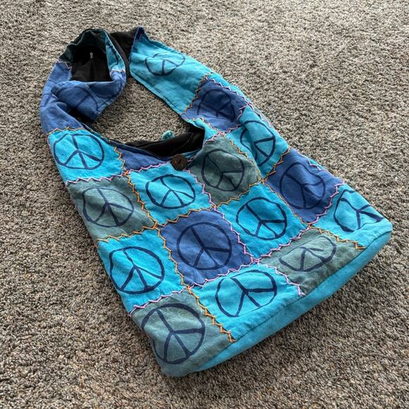 Handmade Hippie Nepal Boho Crossbody Shoulder Bag Purse Blue Peace Signs Zipper - Picture 12 of 12